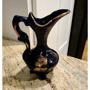 Cobalt Blue Ceramic Gold Trimmed Pitcher Peacock Design 7.5" Tall
